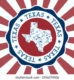 Texas Badge. Round logo of US state with triangular mesh map and radial rays. EPS10 Vector.