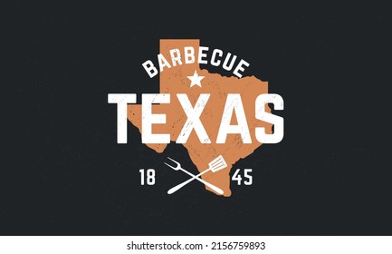 Logo de Texas Barbecue. Steak House, afiche del restaurante barbacoa. Logo de moda de BBQ con mapa de Texas, espátula y tenedor de parrilla. Textura de grunge de la balsa. Plantilla de emblema del vector.