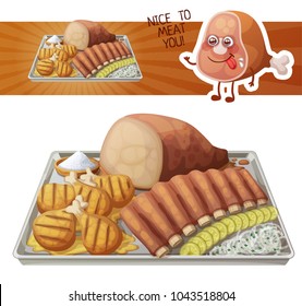 Texas BBQ Medley Icon. Vector Illustration Of Barbecue Meat On Tin Tray With White Onions. Cute Cartoon Meat Character.