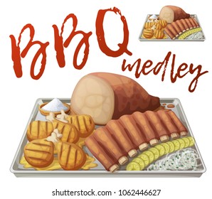 Texas BBQ Medley Icon. Vector Illustration Of Barbecue Meat On Tin Tray With White Onions And Gerkins Isolated On White Background