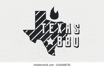 Texas BBQ - Vintage Logo Concept. Logo Of Barbecue, Grill With Fire Flame And Texas Map. BBQ Logo, Poster, Stamp Template. Vector Illustration