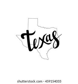 Texas brush lettering. Silhouette Map of Texas on a white background. Vector illustration. Isolated elements