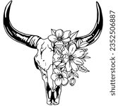 Texas bull black and white vector illustration. Bull skull with flowers, clipart. Silhouette Texas Longhorn. Bull Head Logo Icon.