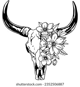 Texas bull black   white vector illustration  Bull skull and flowers  clipart  Silhouette Texas Longhorn  Bull Head Logo Icon 