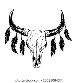 Texas bull black and white vector illustration. Bull skull with feathers, clipart. Silhouette Texas Longhorn. Bull Head Logo Icon. svg
