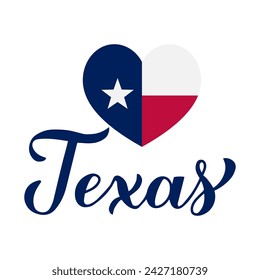 Texas calligraphy hand lettering with heart-shaped flag Holiday celebrate on March 2. Vector template for typography poster, banner, flyer, greeting card, etc