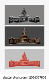 Edificio del Capitolio de Texas en Austin. Ilustración de esbozo de dibujo manual del vector. Fijado en monocromo.