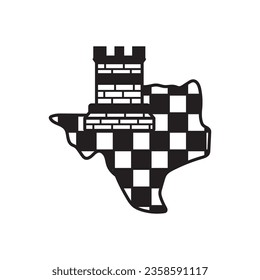 texas Schach Schach Schach Logo Design Vorlage in schwarz-weiß Farbe. einzeln auf weißem Hintergrund. Das Konzeptsymbol ist eine Kombination aus Schlosspion und Brettfarben im Schach und Texas-Karte.