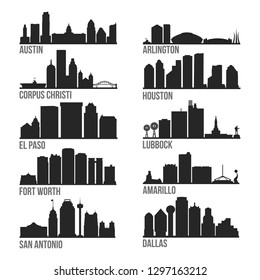 Texas Cities Most Famous Skyline City Silhouette Design Collection Set Pack