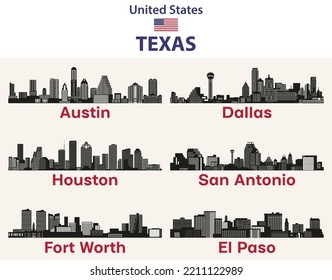 Texas cities skylines silhouettes vector set