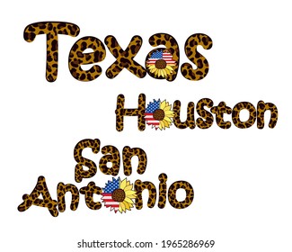 Texas city names featuring a leopard print and a sunflower flower with the US flag. Fashionable design.