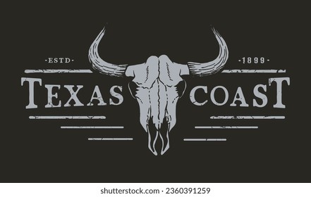 Texas coast. Western logotype with bull skull.Black version