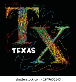 Tipografía colorida de Texas en dibujos artísticos y caóticos.Ropa, camiseta, ropa y otros usos.Ilustración vectorial