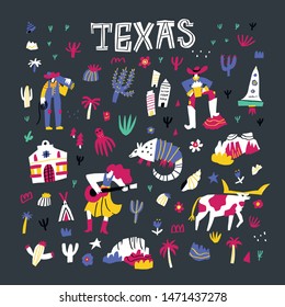 Texas comic flat hand drawn vector illustrations set. Wild west cartoon attributes isolated on dark background. Western american culture. Cactuses, cowboy, animals, country doodle drawings pack