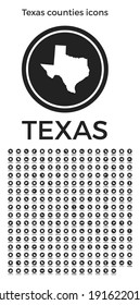 Texas counties icons. Black round logos with US state counties maps and titles. Vector illustration.