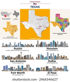 Texas counties map and congressional districts since 2023 map. Austin, Houston, San Antonio, Dallas, Fort Worth and El Paso cities skylines. Vector set