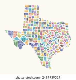 Texas counties word cloud. State logo design. Counties typography style vector image. Texas colored text cloud. Trending vector illustration.