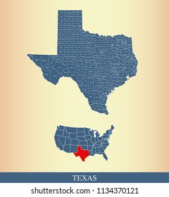 Texas county map vector outline in gray background. Texas state of USA map with counties names labeled