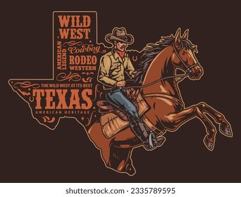 Texas cowboy colorful vintage flyer with man riding horse and state silhouette for product design made in USA vector illustration