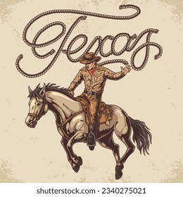 Texas cowboy colorful vintage flyer with daredevil riding galloping horse to advertise community rangers or ranchers vector illustration