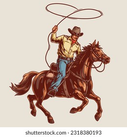 Texas cowboy colorful vintage sticker with galloping horse and man throwing rope on prey while hunting vector illustration