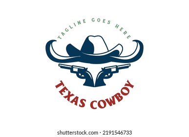 Texas Cowboy Hat With Longhorn Bull And Guns Badge Emblem Logo Design