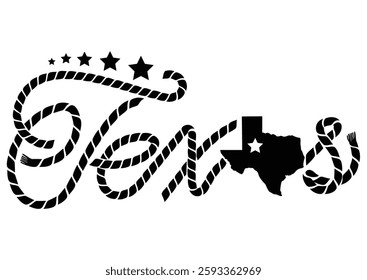 Texas cowboy lasso rope text vector Texas black silhouette isolated on white background. Western-style graphic design for printing