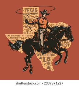 Texas cowboy vintage flyer colorful with man holding lasso while hunting or competing and riding horse vector illustration