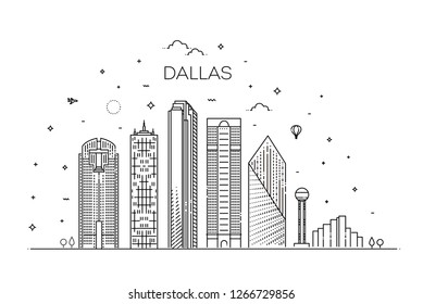 Texas Dallas architecture line skyline illustration. Linear vector cityscape with famous landmarks