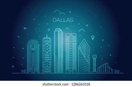 Texas Dallas architecture line skyline illustration. Linear vector cityscape with famous landmarks