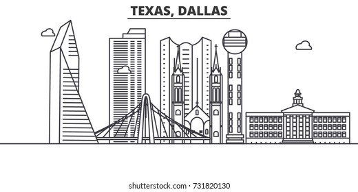 Texas Dallas architecture line skyline illustration. Linear vector cityscape with famous landmarks, city sights, design icons. Landscape wtih editable strokes