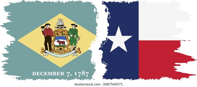 Texas and Delaware states grunge brush flags connection, vector