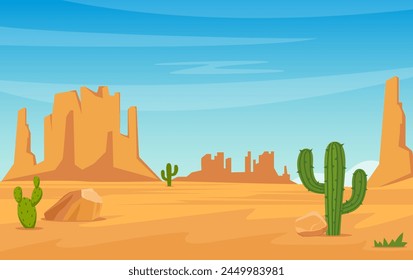 Texas desert landscape with cactuses, hills, plants and mountains. Western scene. Wild West Texas. Mexican desert. Vector illustration