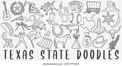 Texas Doodle Icons Black and White Line Art. Texan Clipart Hand Drawn Symbol Design.	