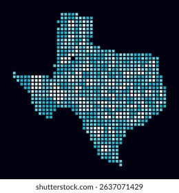 Texas dotted map. Digital style map of the state on dark background. Texas shape with square dots. Colored dots style. Large size squares. Stylish vector illustration.