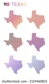 Texas dotted map set. Map of Texas in dotted style. Borders of the us state filled with beautiful smooth gradient circles. Modern vector illustration.