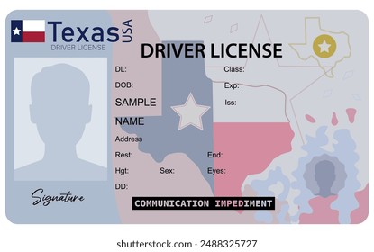 Texas  driver's license isolated on white background. Person driver license