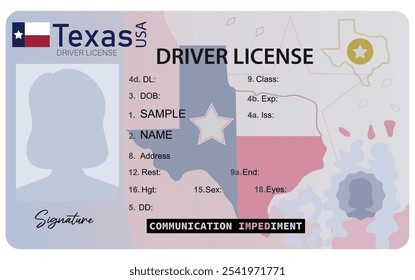 Carteira de motorista do Texas. Carta de condução pessoal. Licença de motorista de silhueta de imagem feminina isolada no fundo branco.