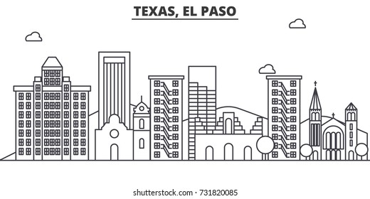 Texas El Paso architecture line skyline illustration. Linear vector cityscape with famous landmarks, city sights, design icons. Landscape wtih editable strokes