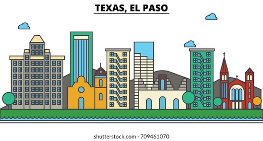 Texas, El Paso.City skyline: architecture, buildings, streets, silhouette, landscape, panorama, landmarks, icons. Editable strokes. Flat design line vector illustration concept.