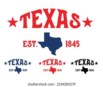 Texas con el año de establecimiento 1845 con el estado de texas en el tema del centro patriota de fondo patria para el souvernir café tapón metalpin pectoral vectores.