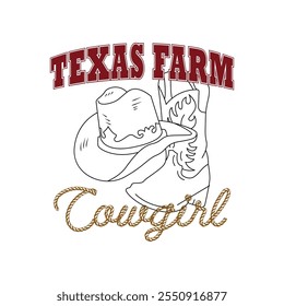 Texas farm cowgirl. And as a central image a cawgirl hat and cawgirl boots. Vector for silkscreen, dtg, dtf, t-shirts, signs, banners, Subimation Jobs or for any application.