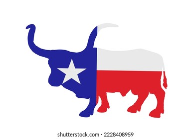 Texas flag Bull long horn cattle vector silhouette illustration isolated on background. Longhorn Texas bull symbol. Powerful animal. Farm herbivore. United States of America country symbol.