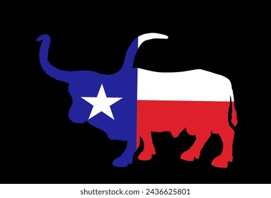 Texas Flagge Bull lange Horn Rinder Vektor Silhouette Illustration isoliert auf Hintergrund. In: Longhorn Texas Bull Symbol. Mächtiges Tier. Farm von Pflanzenfressern. Ländersymbol der Vereinigten Staaten von Amerika.