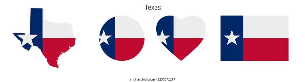 Texas flag icon set. American state pennant in official colors and proportions. Rectangular, map-shaped, circle and heart-shaped. Flat vector illustration isolated on white.