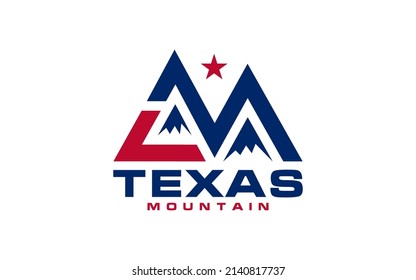 Ilustración de la bandera y las montañas de Texas vectorial, paisaje de estilo de línea, logo de colina para negocios, compañía y logotipos financieros aislados en fondo blanco