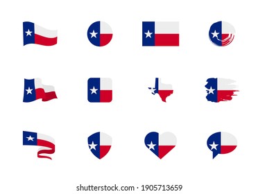 Texas - flat collection of US states flags. Flags of twelve flat icons of various shapes. Set of vector illustrations