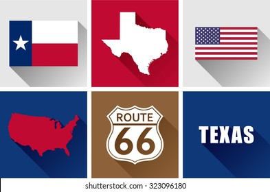 Texas Flat Icons Set. Vector graphic flat icon images and symbols representing the US State of Texas.