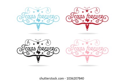 Texas forever collection with mini map and longhorn. vector eps 10.