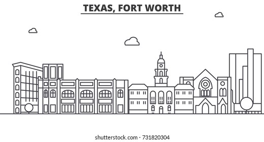 Texas Fort Worth architecture line skyline illustration. Linear vector cityscape with famous landmarks, city sights, design icons. Landscape wtih editable strokes